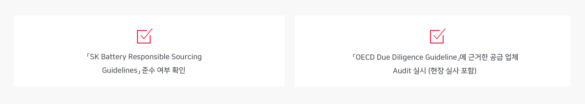 「SK Battery Responsible Sourcing Guidelines」준수 여부 확인 / 「OECD Due Diligence Guideline」에 근거한 공급업체 Audit 실시(현장 실사 포함)