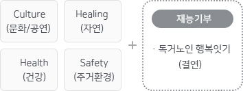 Culture(문화/공연), Healing(자연), Health(건강), Safety(주거환경) + 재능기부(독거노인 행복잇기(결연))